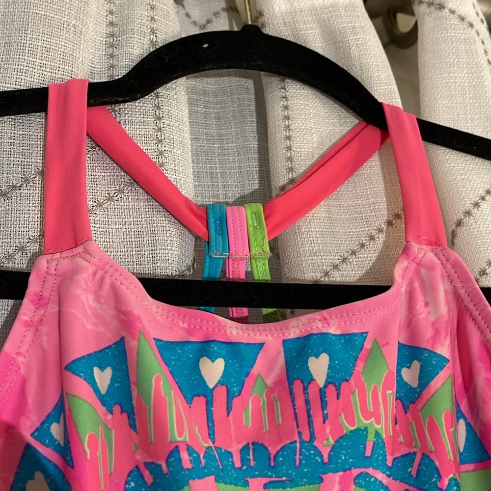 Girl’s L 1pc Bathing Suit Pink/Blue Racer Back Design Straps In Back - Picture 5 of 8
